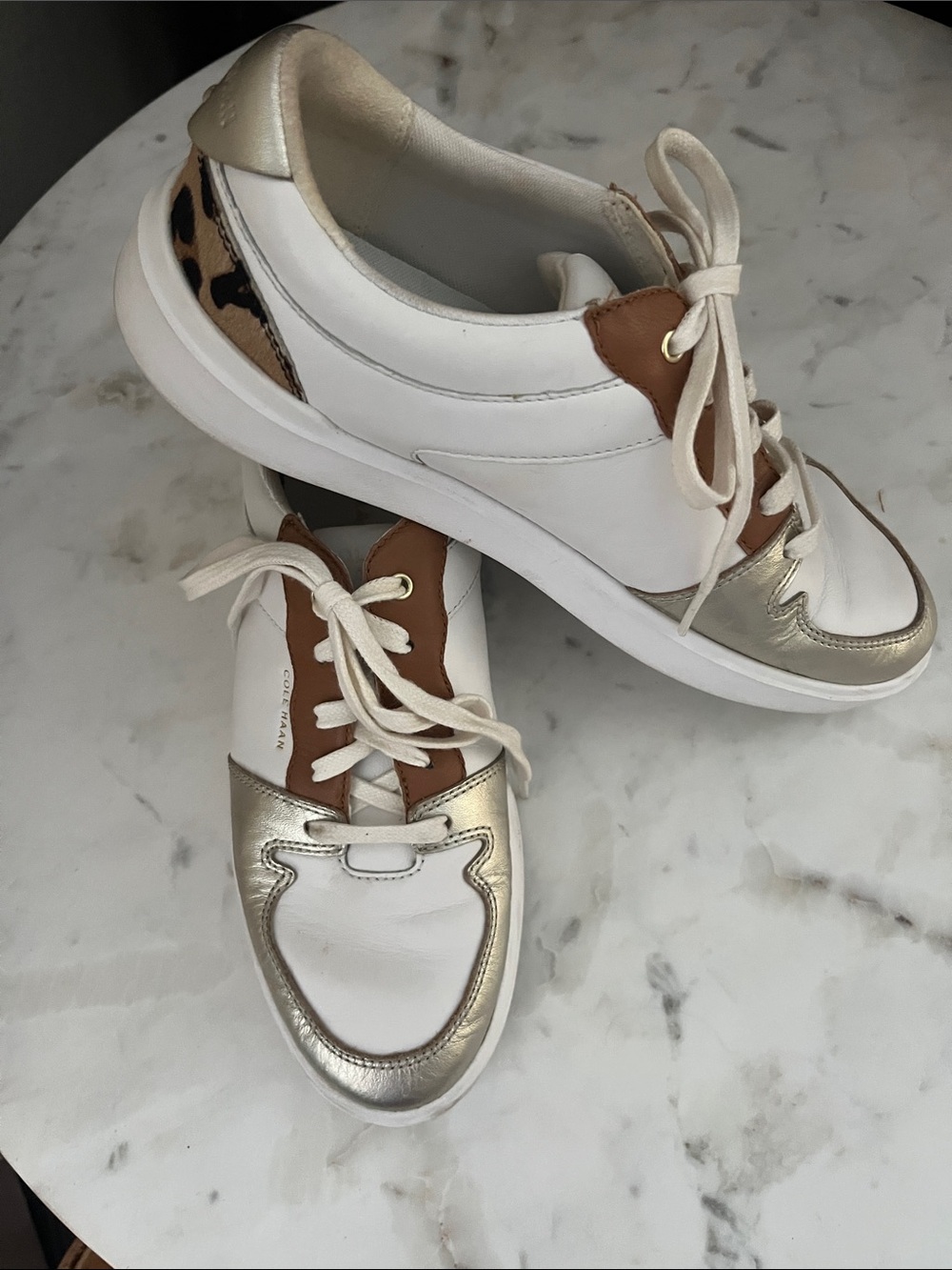 Cole Haan White Leather Sneakers with Gold & Brown Accents and Leopard Heel